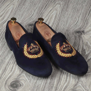 Blue Velvet  Slip-On Shoes with Crown Crest Zardosi With Stem Design By Brune & Bareskin