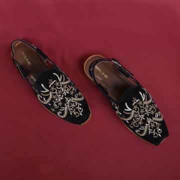 Black Full Zardosi Peshawari Sandal with Leather Sole