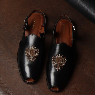 Hand Zardosi Peshawari Sandals with Open Toe Black Leather