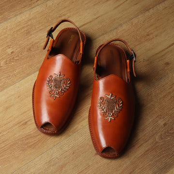 Open Toe Peshawari Sandals with Hand Zardosi Tan Leather