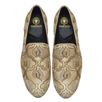 Beige Leaves Inspired Zardosi Slip-On Shoes