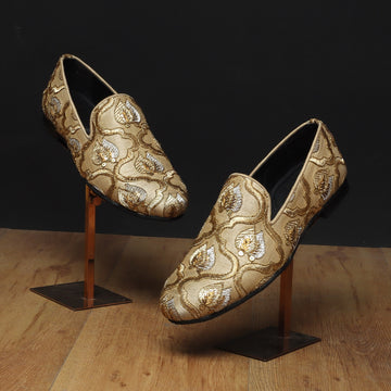 Beige Leaves Inspired Zardosi Slip-On Shoes