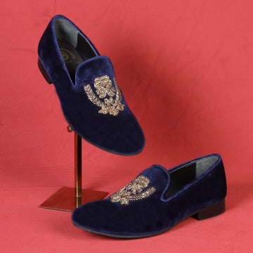 Blue Italian Velvet Slip-on with Multi Colored Floral Zardosi By BRUNE & BARESKIN