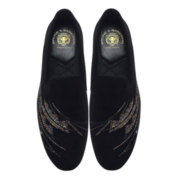 Black Velvet Slip-On Shoes with Multi-Color Abstract Embellishments