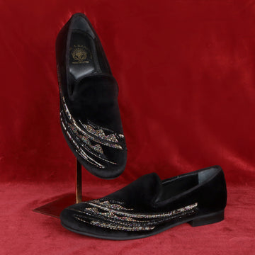 Black Velvet Slip-On Shoes with Multi-Color Abstract Embellishments