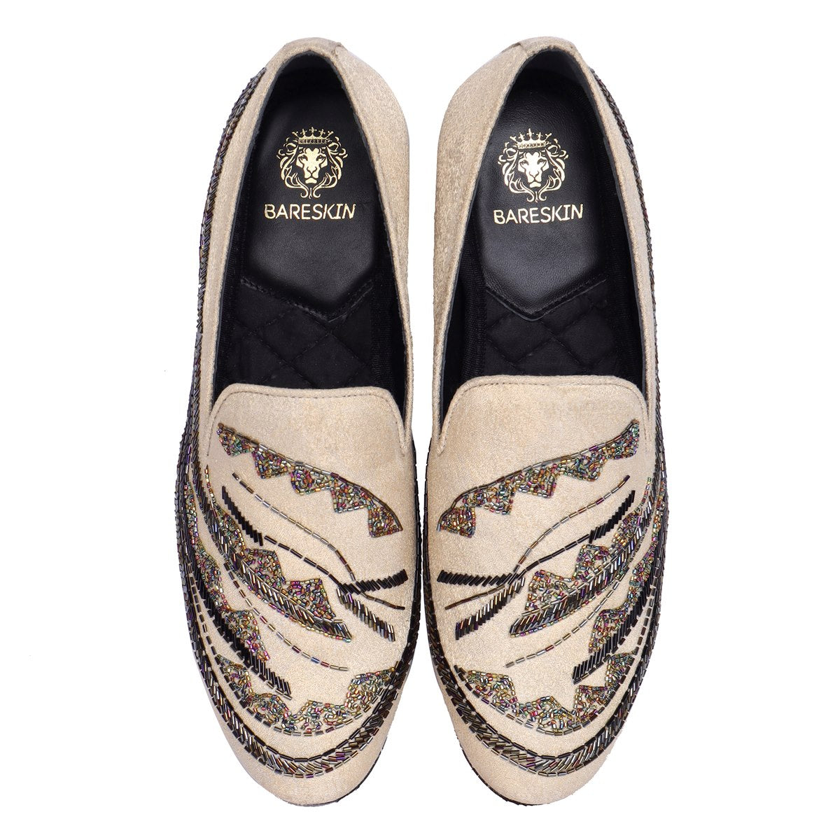 Men's Beige Zardosi Slip-On Shoes with Multi Color Abstract Embellishments