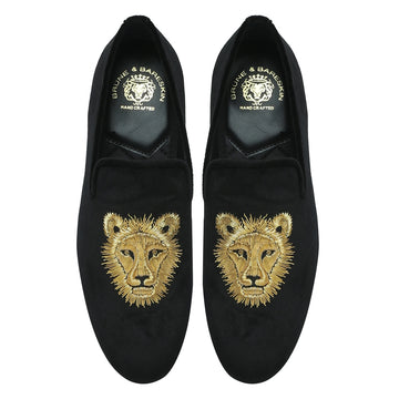 Black Velvet Slip-Ons Shoes with Golden Sleek Lion Zardosi by Brune & Bareskin