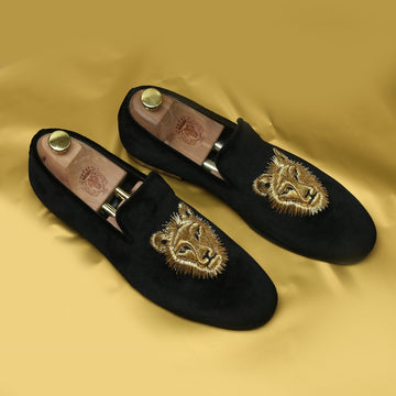 Black Velvet Slip-Ons Shoes with Golden Sleek Lion Zardosi by Brune & Bareskin