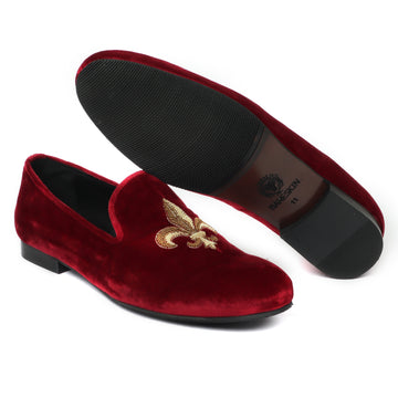 Fleur-de-lis Golden Zardosi Red Velvet Slip-On Shoes For Men by Brune & Bareskin