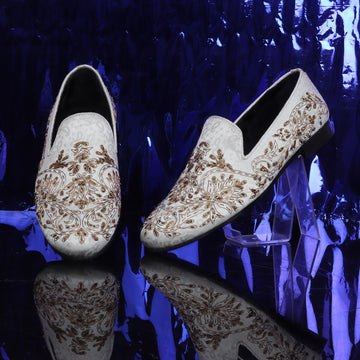 Zardosi Embroidery Slip-On Shoes in Ethnic White Fabric with Golden Crystals Petal Design