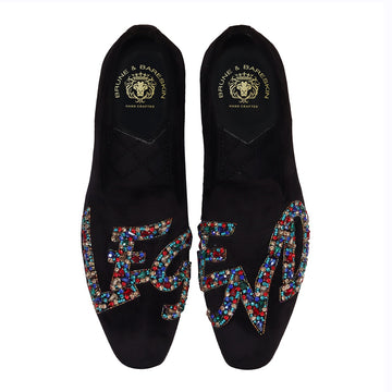Men's Slip-On Shoes with Crystal Stones Multi-Color Mixed LEGEND Embellished in Black Velvet