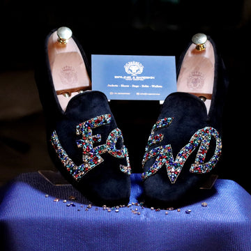 Men's Slip-On Shoes with Crystal Stones Multi-Color Mixed LEGEND Embellished in Black Velvet