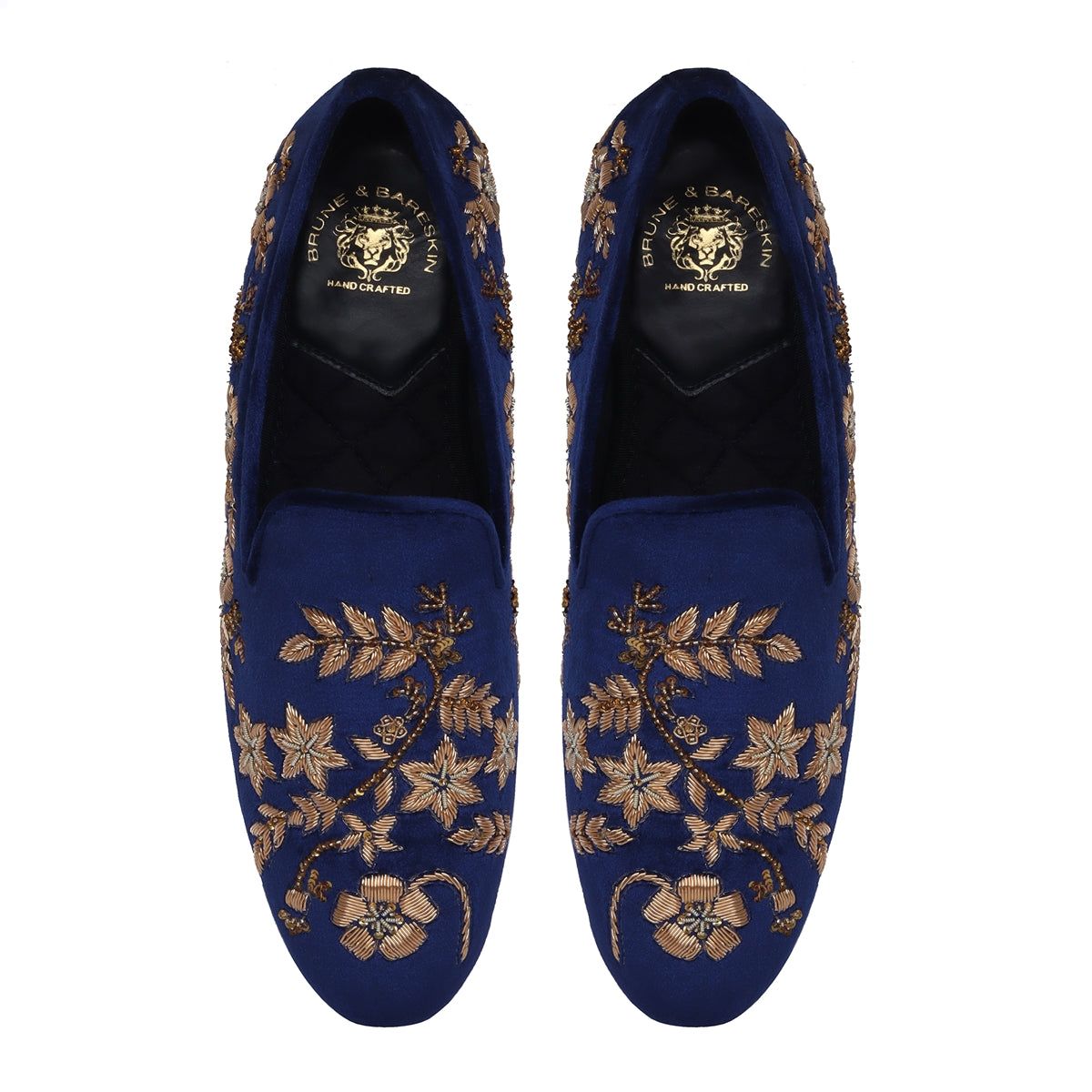 Wedding Oriented Slip-On Shoes in Blue Velvet with Floral Pattern Golden Hand Zardosi By Brune & Bareskin