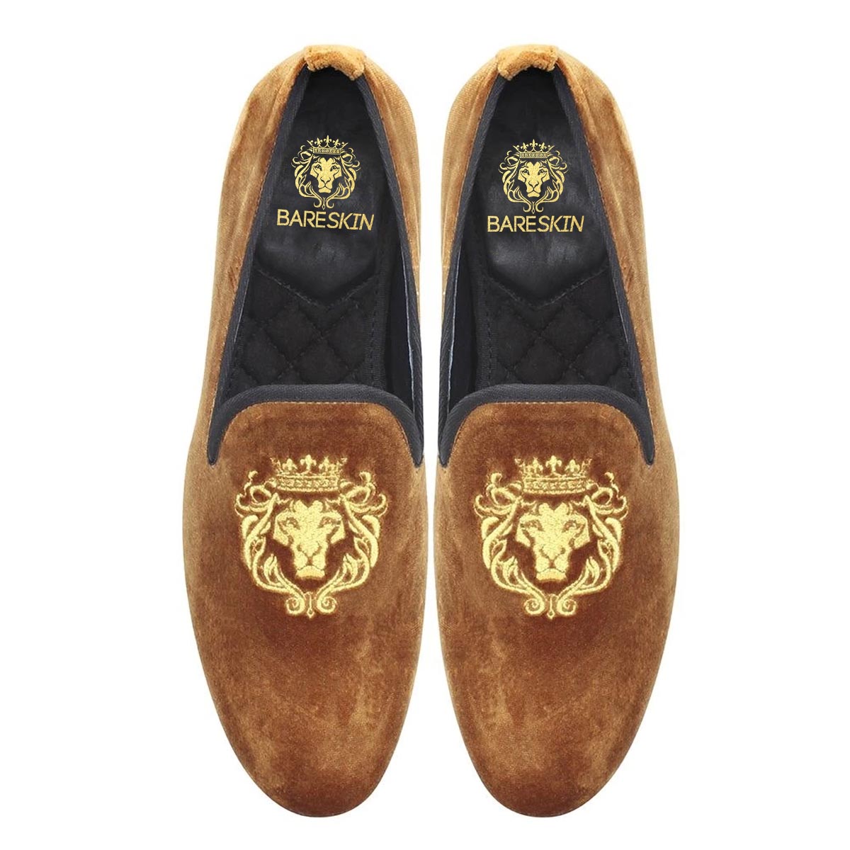 Tan Color New Flat Sole Lion King Embroidery Velvet Slip-On Shoes By Brune & Bareskin