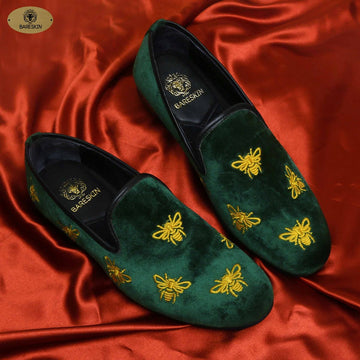 Green Velvet Bumblebee Honey Embroidery Men Slip On By Brune & Bareskin