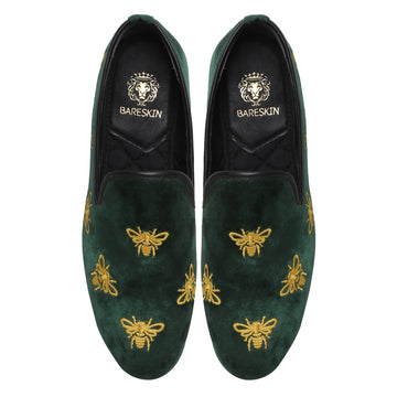 Green Velvet Bumblebee Honey Embroidery Men Slip On By Brune & Bareskin
