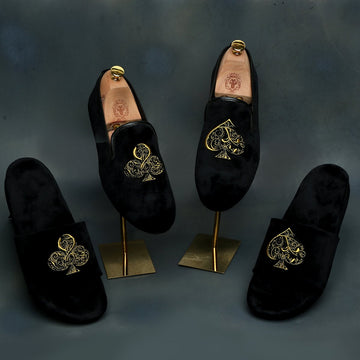 Embroidered Velvet Slip-On Shoes with Black-Golden Poker Detailing
