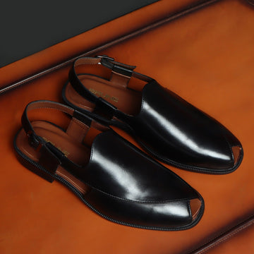 Cross Design Light Weight Peshawari Sandals in Black Genuine Leather For Men By Brune & Bareskin