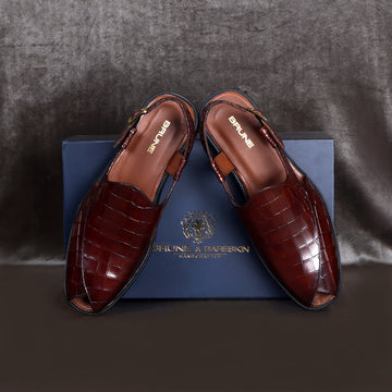 Croco Dark Brown Genuine Leather Cross Design Light Weight Peshawari Sandals For Men by Brune & Bareskin