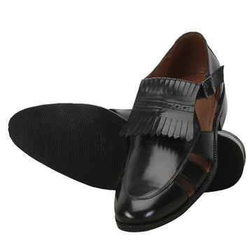 Black Leather Formal Sandals With Fringes Design For Men
