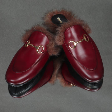 Furry Mules Light Weight Wine Leather Formal Horsebit Buckle With Slipper Opening at The Back (Summer Special) By Brune & Bareskin