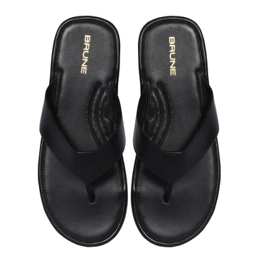V-Strap Mens Black Leather Slide-in Slippers With Rubber Sole By Brune & Bareskin