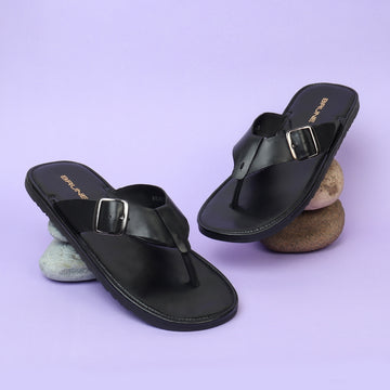 Black Leather Adjustable V-Strap Design Men Slippers By Brune & Bareskin