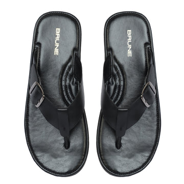 Black Leather Adjustable V-Strap Design Men Slippers By Brune & Bareskin