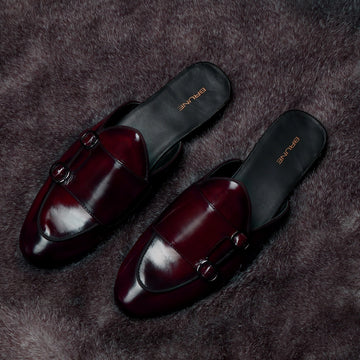 Wine Leather Mules with Double Monk by Brune & Bareskin