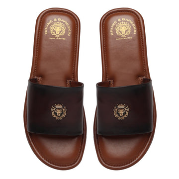 Brown Leather Signature Metal Lion Slide-In Slippers By Brune & Bareskin