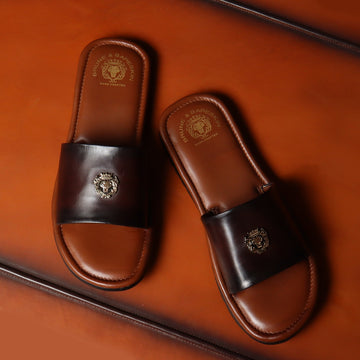 Brown Leather Signature Metal Lion Slide-In Slippers By Brune & Bareskin