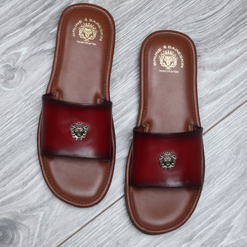 Wine Leather Signature Metal Lion Slide-In Slippers By Bareskin
