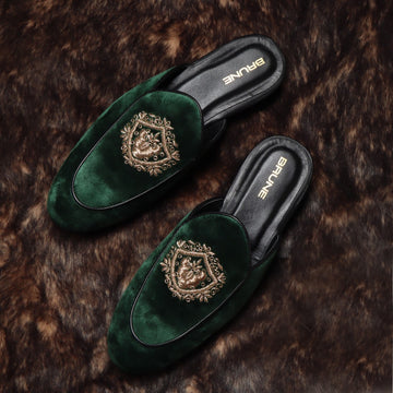 Green Italian Velvet Mules with Golden Crest Zardosi By Brune & Bareskin