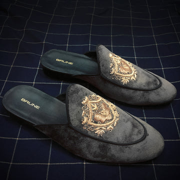 Grey Velvet Golden Crest Zardosi Mules By Brune & Bareskin