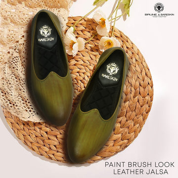 Olive Green Paint Brush Look Leather Jalsa Jutti By Brune & Bareskin