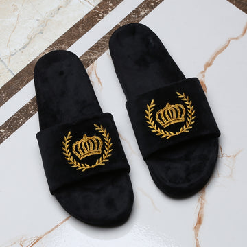 Golden Crown Embroidery On Black Velvet Slide-In-Slipper