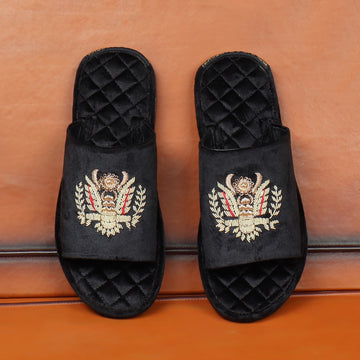 Quilted Base Slide-in Slippers with Crown Eagle Zardosi on Black Velvet