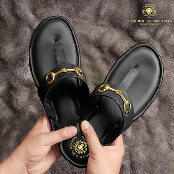 Black Leather Slippers with Horse-bit Detailing