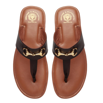 Horsebit Detailed Tan & Dark Brown Genuine Leather Slippers By Brune & Bareskin