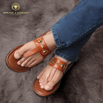 Tan Horsebit Detailed Genuine Leather Slippers By Brune & Bareskin