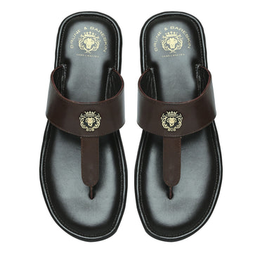 Men's T-Strap Slide-in Slippers with Black-Brown Leather Strap