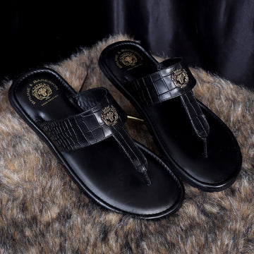 Men's T-Strap Slide-In Slippers in Black Deep Cut Leather