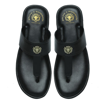 Black Leather T-Strap Slide-in Slippers with Golden Metal Lion