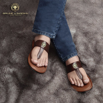 T-Strap Leather Slide-in Slippers with Tan-Brown Strap