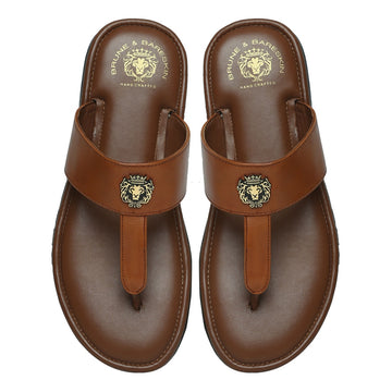 T-Strap Tan Leather Slippers