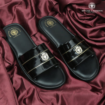 Black Patent Leather Slide-In-Slippers with Signature Metal Lion