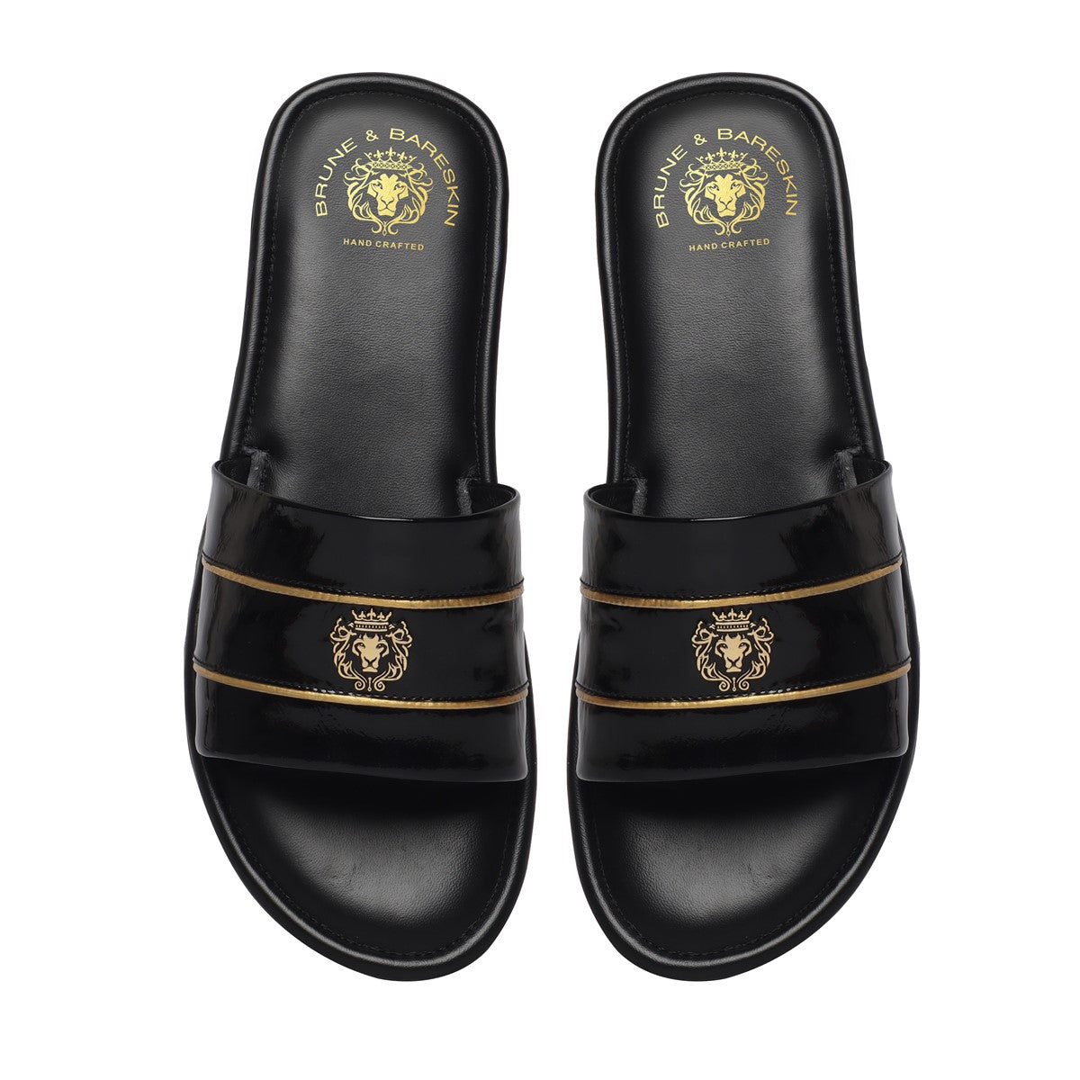 Black Patent Leather With Signature Metal Lion Slide-In-Slippers by BRUNE BY BARESKIN