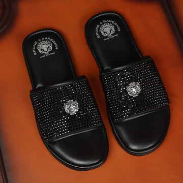 Black Beads Work Leather Slide-in Slippers by BRUNE & BARESKIN