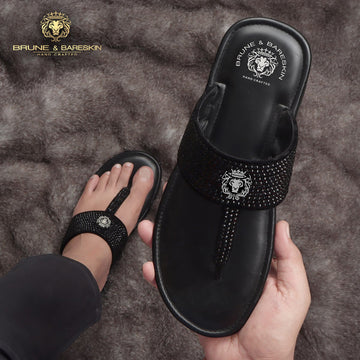 Black Leather Beads Work Slide-In Slippers For Men By Brune & Bareskin