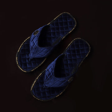V-Shaped Blue Brand Lining Velvet Quilted Slippers with Lion Logo by Brune & Bareskin